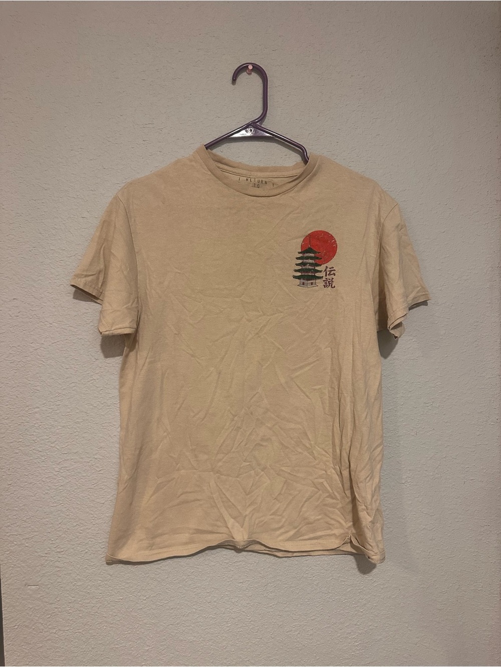Men's Beige Short-Sleeve Graphic Tee with Red Sun and Pagoda